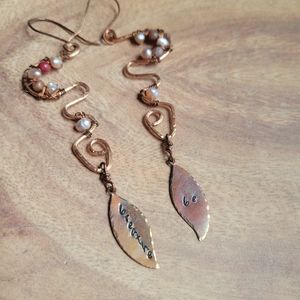 Long Copper Earrings, Dangle Earrings, Pearl Earrings, Gift for Her
